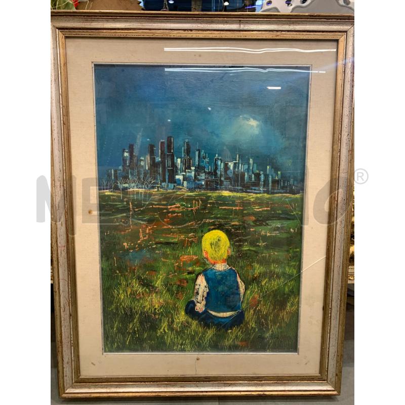 QUADRO TEC MISTA BAMBINO BIONDO SPALLE PAESAGGIO CITTA GRATTACIELI CORNICE LEGNO SILVER | Mercatino dell'Usato Roma re di roma 1