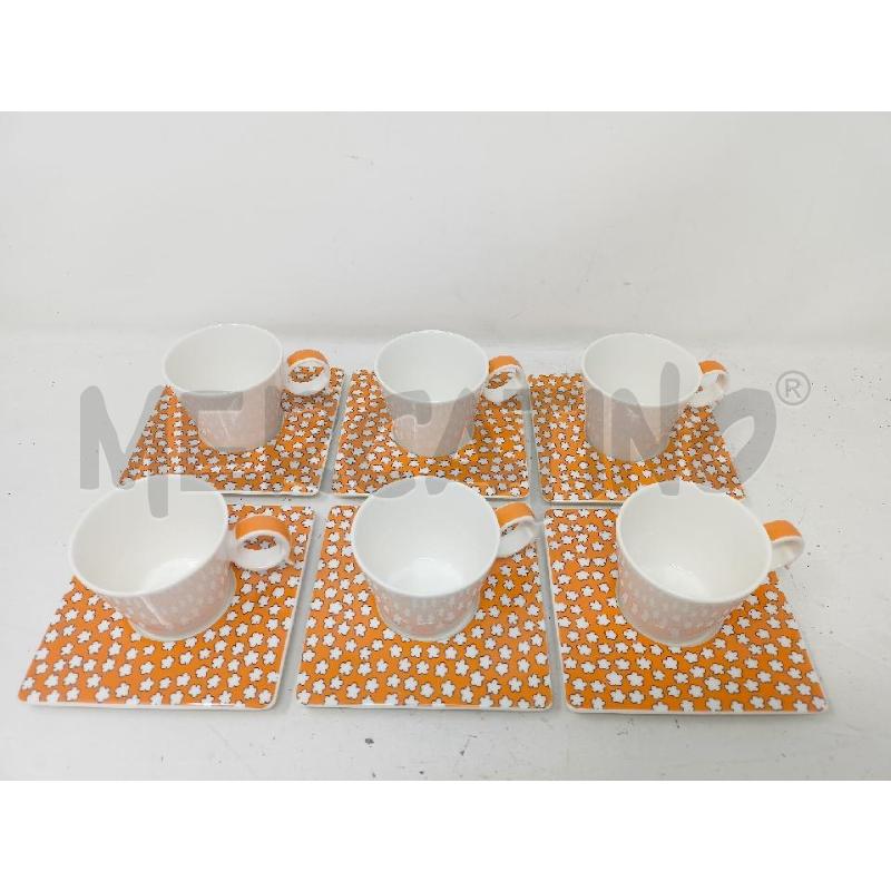 SET TAZZINE DA CAFFÈ PIATTINO QUADRATO FONDO ARANCIONE NUVOLE BIANCHE FRESHNESS ORANGE ROYAL FINE PO | Mercatino dell'Usato Roma re di roma 1