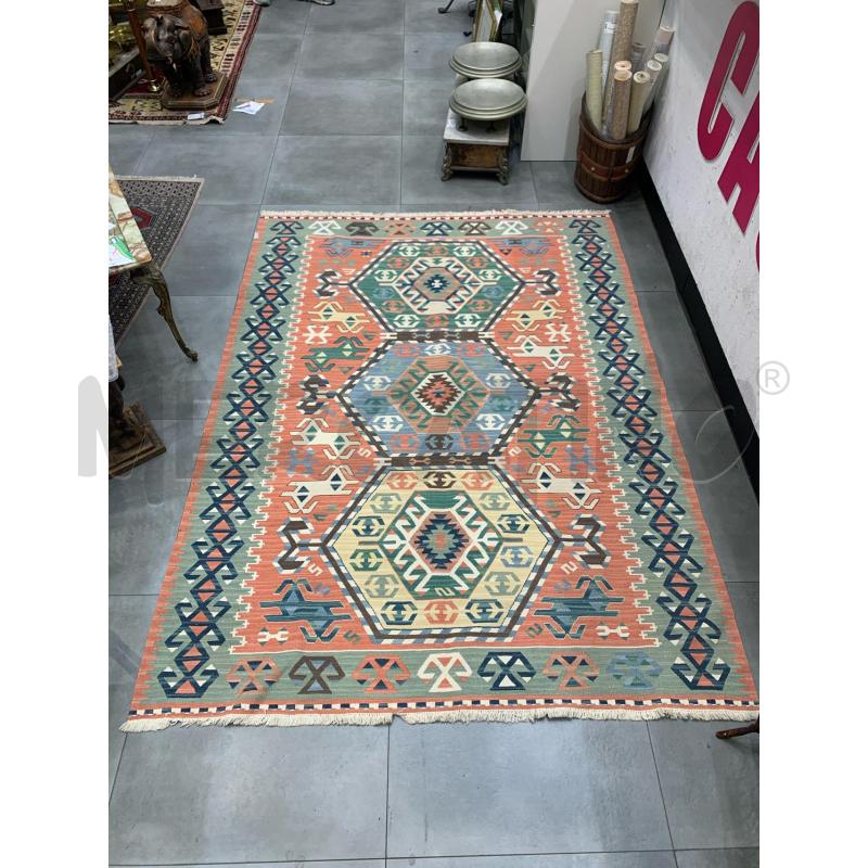 TAPPETO KILIM ARANCIONE AZZURRO GIALLO ESAGONI  | Mercatino dell'Usato Roma re di roma 1