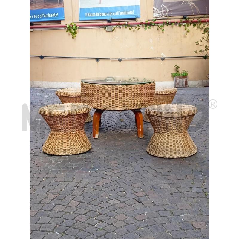 TAVOLO BASSO VIMINI 4 PIED LEGNO + 4 SGABELLI VIMINI | Mercatino dell'Usato Roma re di roma 1