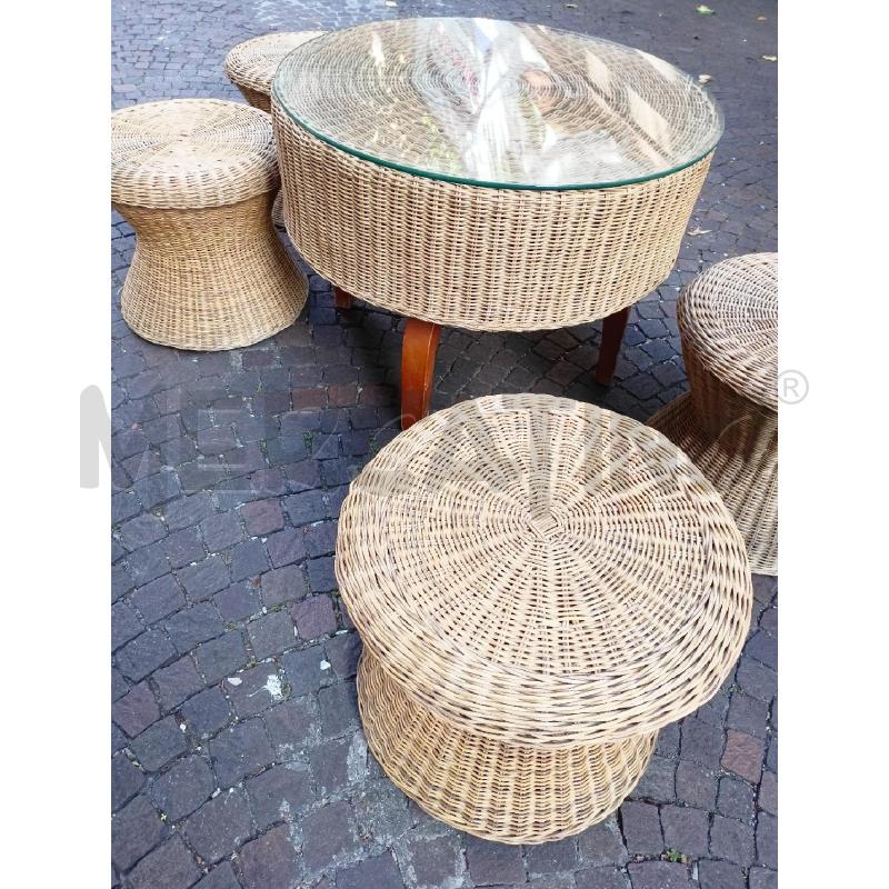 TAVOLO BASSO VIMINI 4 PIED LEGNO + 4 SGABELLI VIMINI | Mercatino dell'Usato Roma re di roma 2
