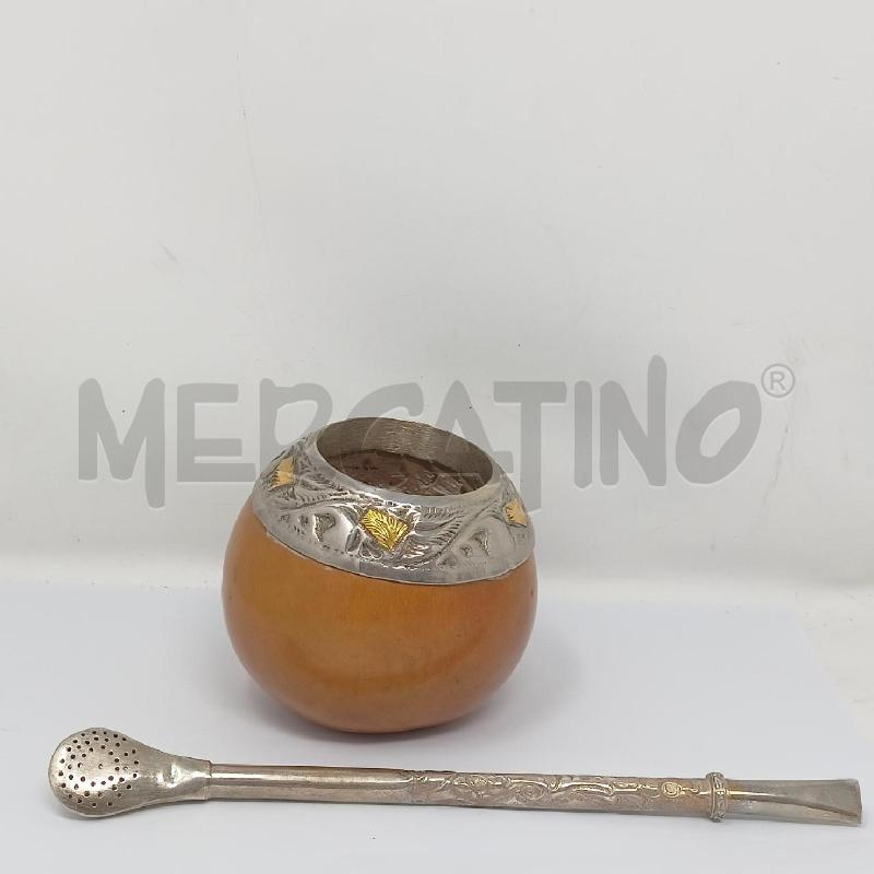 TAZZA PER MATE LEGNO BORDO SILVER DETT ORO CANNUCCIA | Mercatino dell'Usato Roma re di roma 2