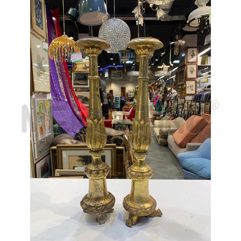 TORCIERI COPPIA LEGNO DORATO 3PIEDI EPOCA STELO FOGLIE  | Mercatino dell'Usato Roma re di roma 1