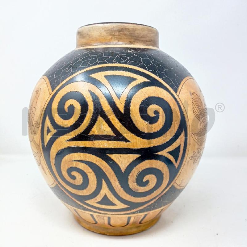 VASO CERAMICA DEC GEOMETRICO MARRONE NERO  UCCELLINI RAMO | Mercatino dell'Usato Roma re di roma 2
