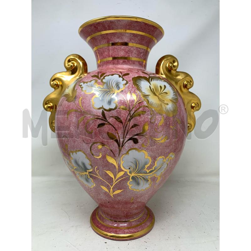 VASO CERAMICA ROSA BIASATO DORATO FIORI AZZURI RIGHE | Mercatino dell'Usato Roma re di roma 1
