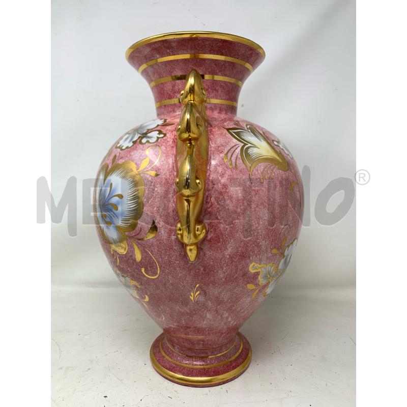 VASO CERAMICA ROSA BIASATO DORATO FIORI AZZURI RIGHE | Mercatino dell'Usato Roma re di roma 3