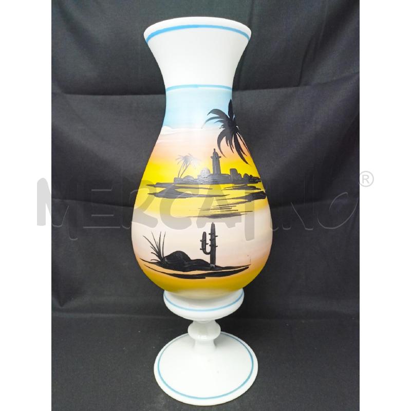VASO OPALINA DEC TRAMONTO PALME NERE BORDI AZZURRI  | Mercatino dell'Usato Roma re di roma 1
