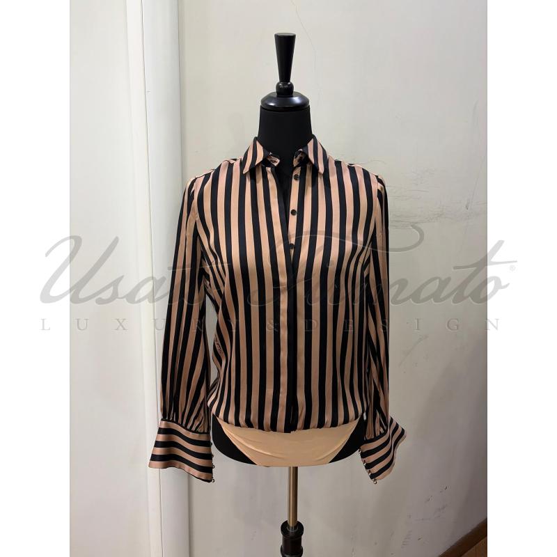 CAMICIA DONNA ELISABETTA FRANCHI RIGHE SETA BEIGE NERO TG S  | Mercatino dell'Usato Roma parioli 1
