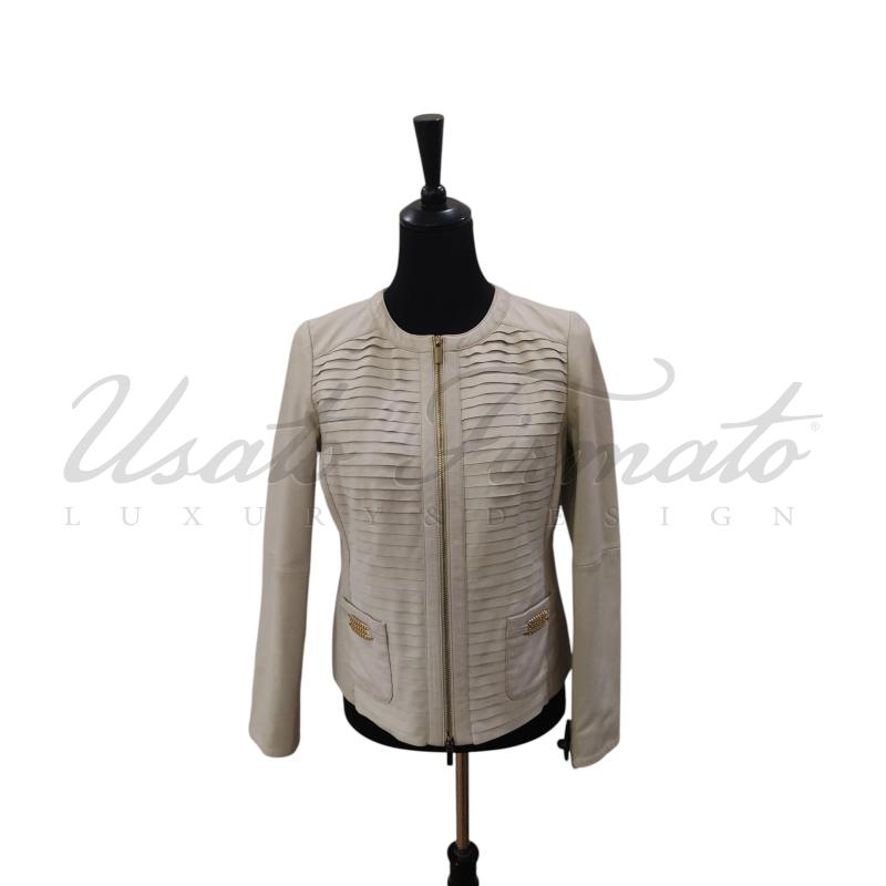 GIACCA DONNA LUISA SPAGNOLI BEIGE PLISSE PELLE TG 44 | Mercatino dell'Usato Roma parioli 1