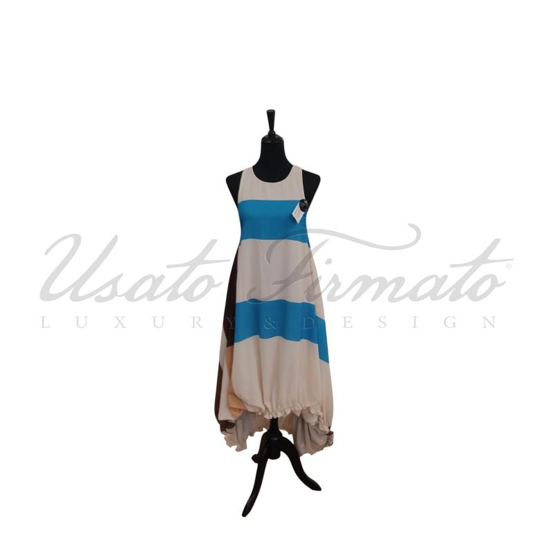 VESTITO DONNA ERIKA CAVALLINI BEIGE CELESTE GEOMETRICO  TG. 38 | Mercatino dell'Usato Roma parioli 1