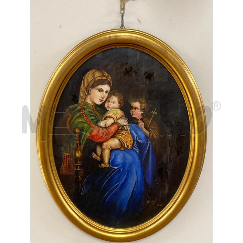 QUADRO OLIO SU TELA OVALE DONNA CON BIMBO E SANTO | Mercatino dell'Usato Roma casalotti 1