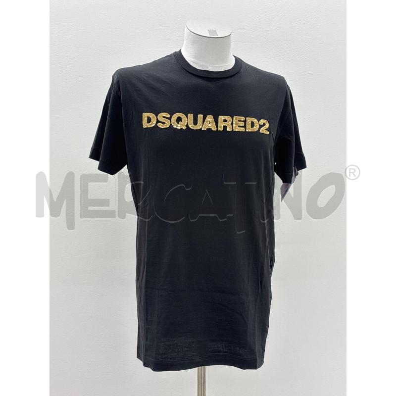 T SHIRT U DSQUARED2 NERA SCRITTA PAILLETTES DORATE | Mercatino dell'Usato Roma torrevecchia 1