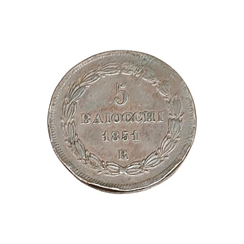 MONETA 5 BAIOCCHI 1851 ''R'' 6°ANNO PIO 9 | Mercatino dell'Usato Roma ostia 2
