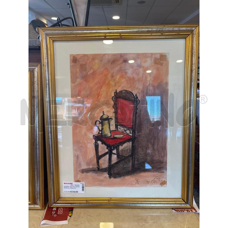 QUADRO OLIO SU LEGNO DISEGNO SEDIA ROSSA E TEIERA  | Mercatino dell'Usato Pomezia 1