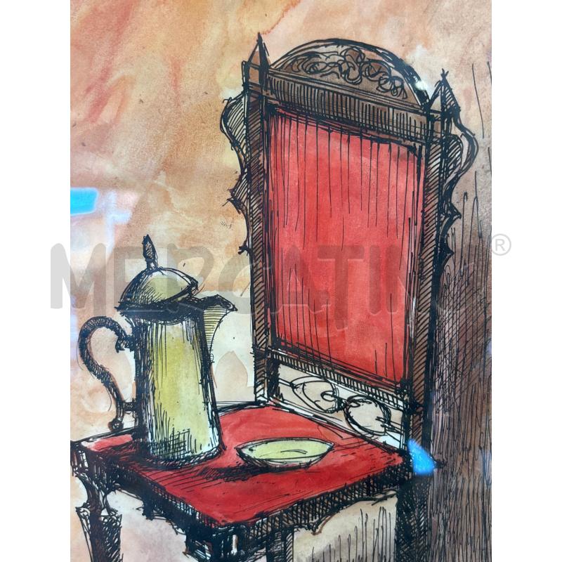 QUADRO OLIO SU LEGNO DISEGNO SEDIA ROSSA E TEIERA  | Mercatino dell'Usato Pomezia 2