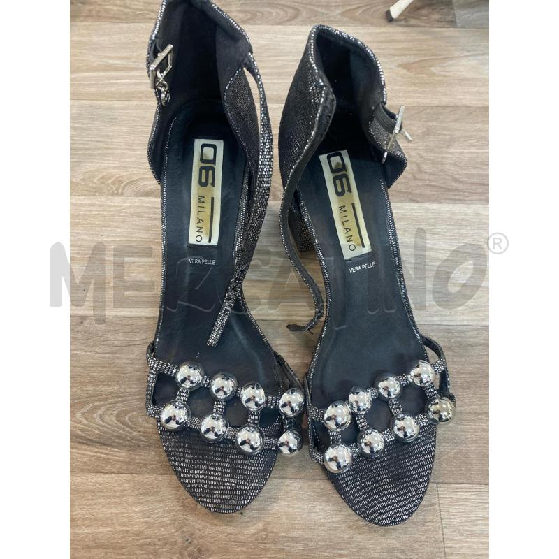 SANDALI DONNA 06 MILANO TACCO SQUADRATO FASCIA COLLO PIEDE BORCHIE OVALI LUREX ARGENTO SIMIL SERPENT | Mercatino dell'Usato Pomezia 1