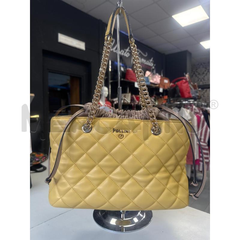 BORSA DONNA POLLINI GIALLA TRAPUNTATA INT BEIGE CATENA DORATA  | Mercatino dell'Usato Cava de tirreni 1
