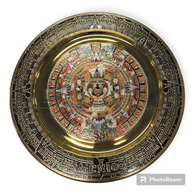 Piatto azteco calendario cuauhxicalli pietra del sole ottonato 28 cm