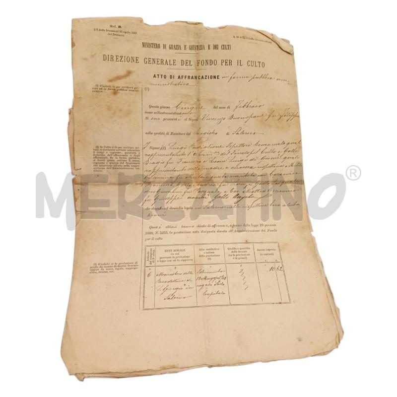 1881 REGNO ATTO DI AFFRANCAZIONE - FONDO DEL CULTO  DOCUMENTO  | Mercatino dell'Usato Salerno fratte 1