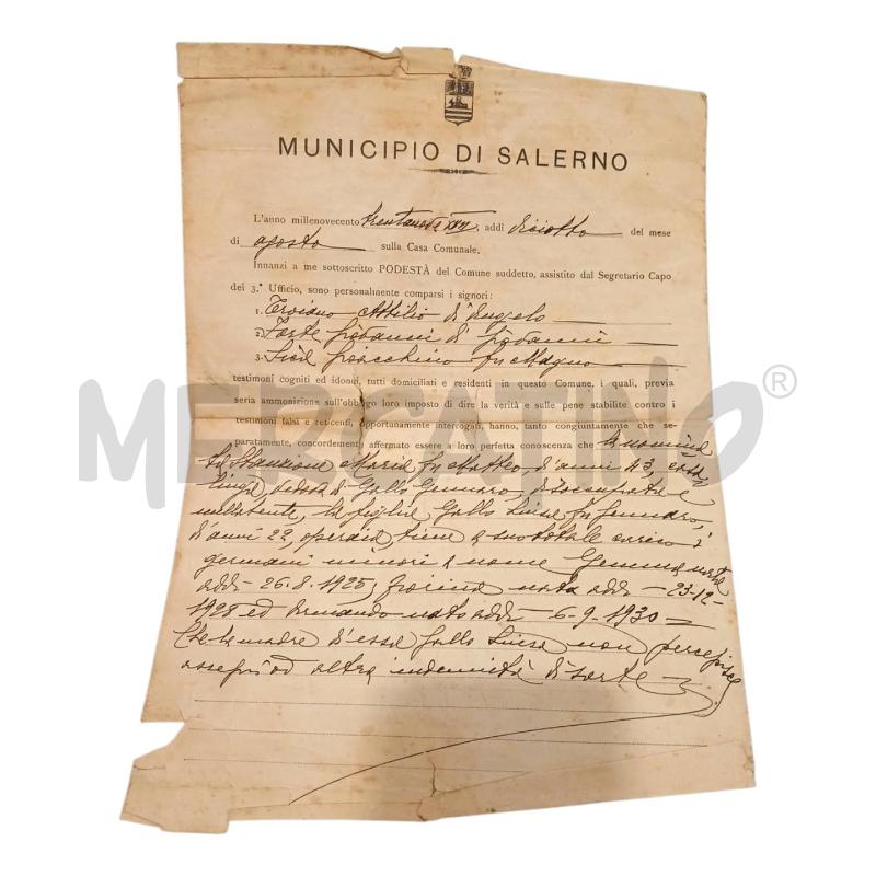 1939 MINICIPIO SALERNO DOCUMENTO  | Mercatino dell'Usato Salerno fratte 1