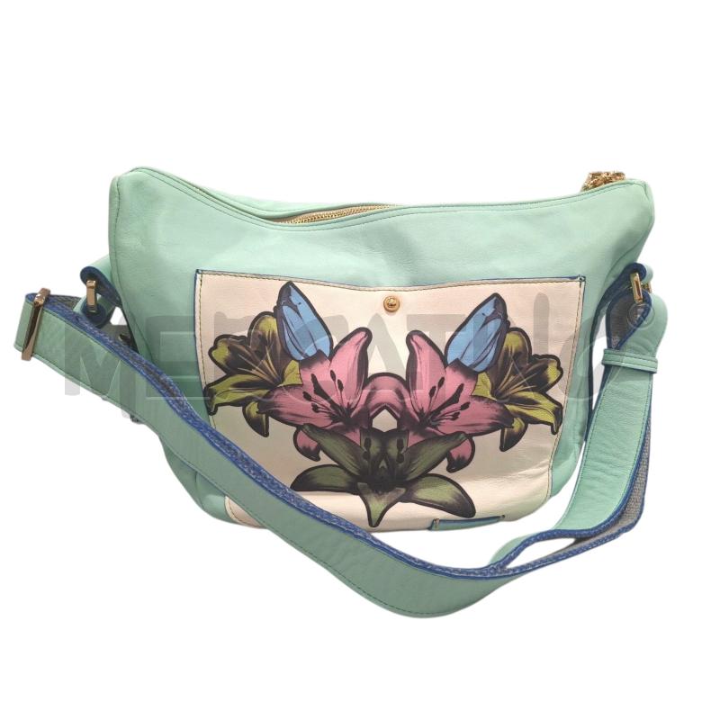 BORSA DONNA COLORADO EBOLI ARTIGIANALE AZZURRA CON FIORE SU FONDO BIANCO PELLE | Mercatino dell'Usato Salerno fratte 1