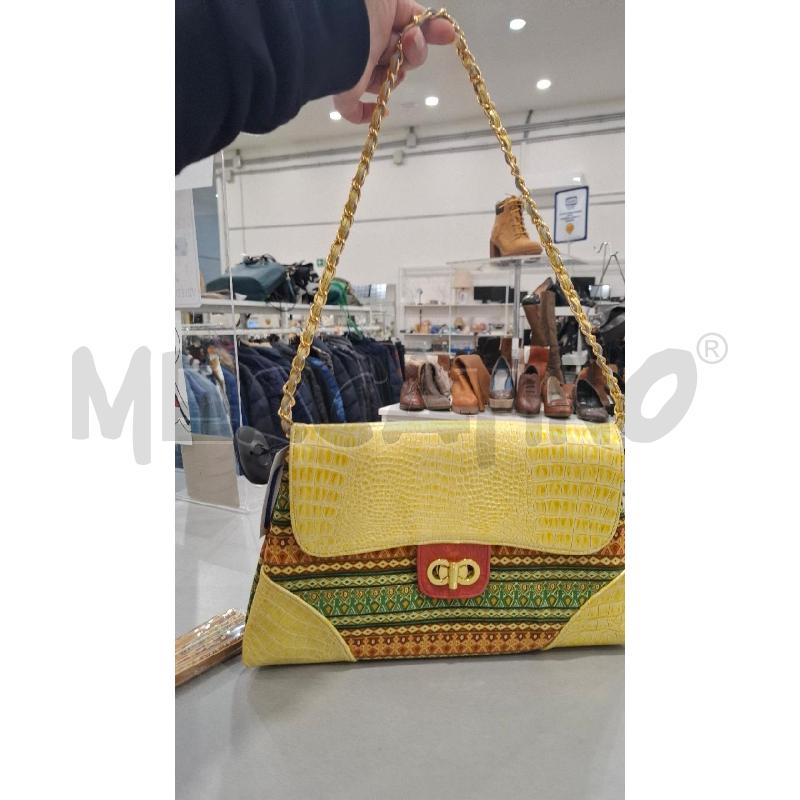 BORSA MINAHASA HUTARA DONNA VERDE/GIALLA/MARRONE CHIUS. E BORDI GIALLI STAMPA COCCO CON VENTAGLIO | Mercatino dell'Usato Salerno fratte 4