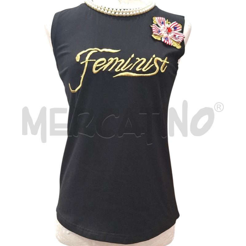 CANOTTA DONNA CAMOMILLA NERA SCRITTA FEMINIST DORATA | Mercatino dell'Usato Salerno fratte 1