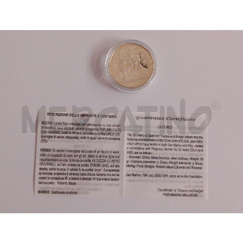 MONETA SAN MARINO 5€ OLIMPIADI INVERNALI TORINO 2006 AR | Mercatino dell'Usato Salerno fratte 4