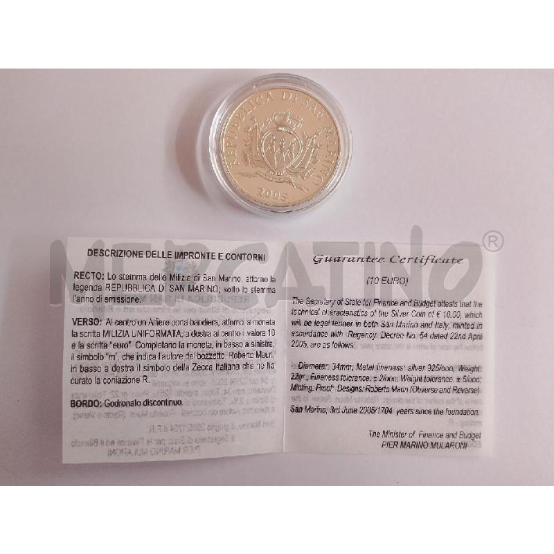 MONETA SAN MARINO MILIZIA UNIFORMATA 10 EURO AR 2005 | Mercatino dell'Usato Salerno fratte 4