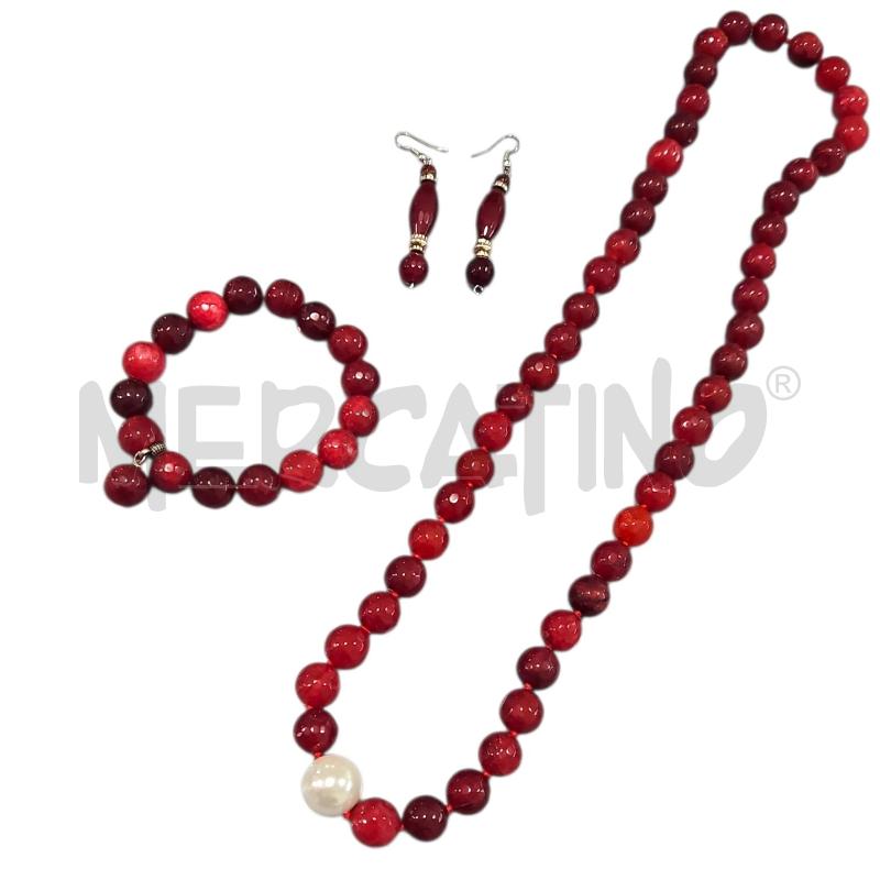 PARURE COLLANA + BRACCIALE + ORECCHINI PIETRE ROSSE - CON PERLA | Mercatino dell'Usato Salerno fratte 1
