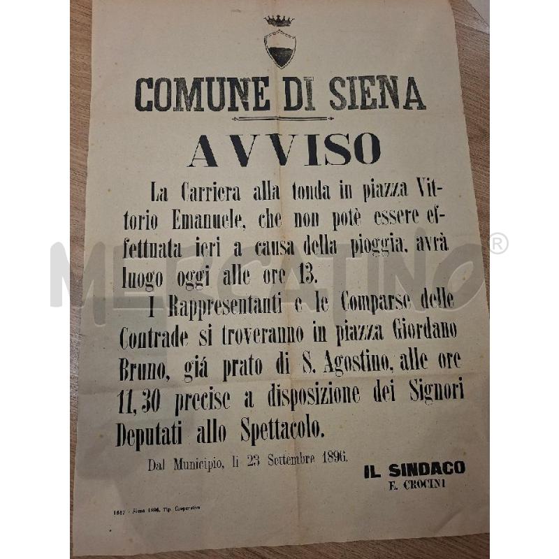 MANIFESTO COMUNE DI SIENA AVVISO 23 SETTEMBRE 1896 | Mercatino dell'Usato Siena 1