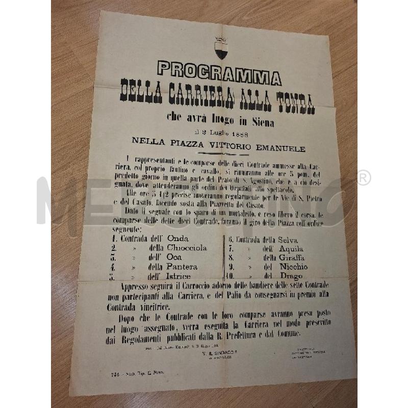 MANIFESTO PROGRAMMA PALIO 2 LUGLIO 1888 | Mercatino dell'Usato Siena 1