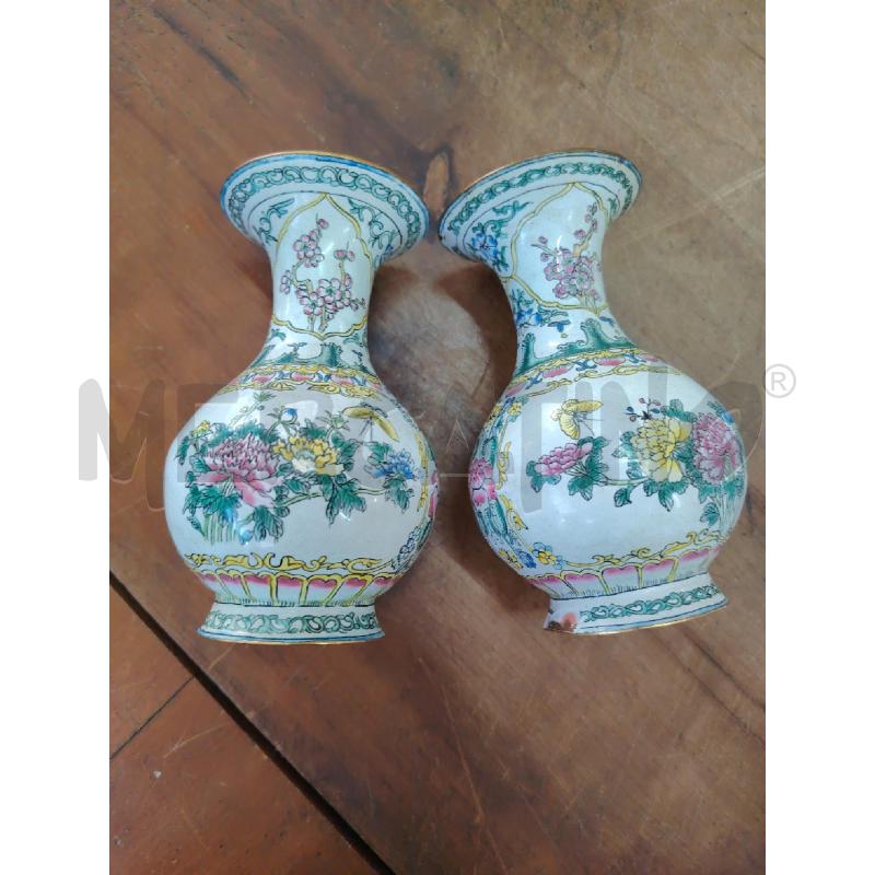 COPPIA VASI CANTON CINESI METALLO SMALTATI FIORI | Mercatino dell'Usato Manduria 3