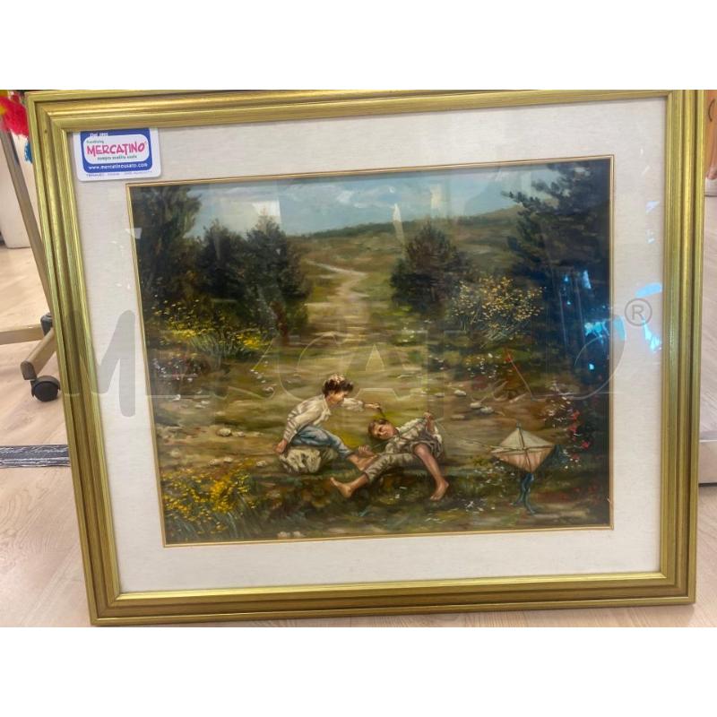 QUADRO OLIO SU TELA C. ALBIERI L'AQUILONE BIMBI SU UN PRATO CORNICE DORATA  MISURE 40X50