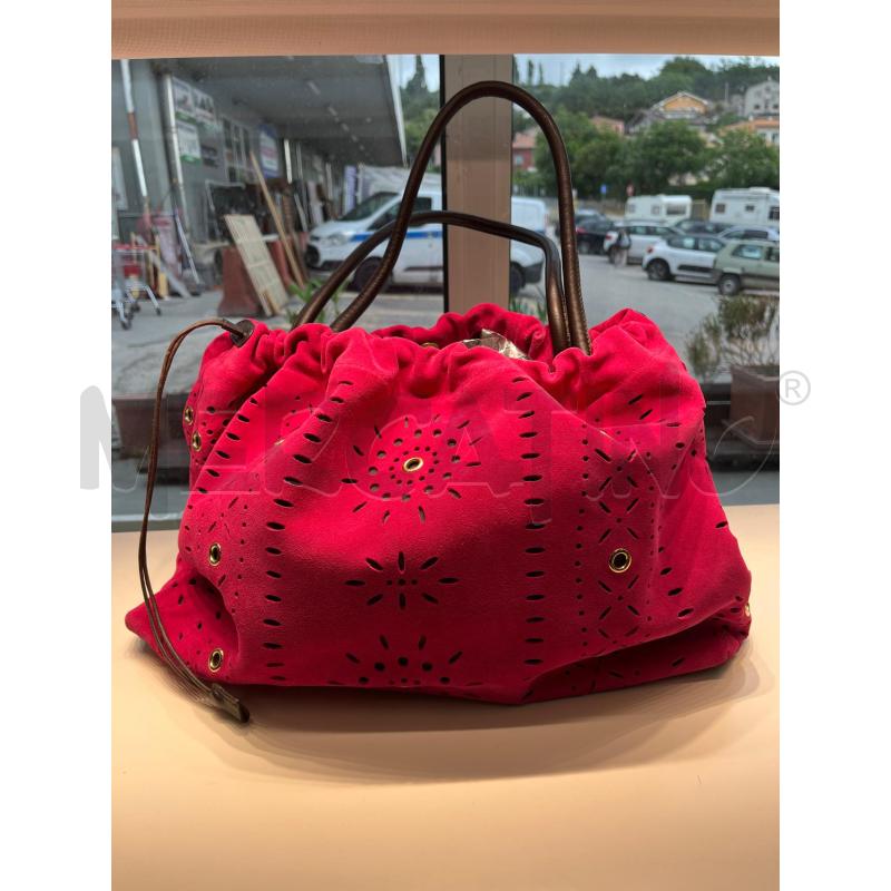 BORSA DONNA FUCSIA SCAMOSCIATA TRAFORATA 2 MANICI MARRONI  | Mercatino dell'Usato Teramo 1
