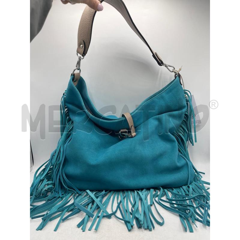 BORSA DONNA VERA PELLE MADE IN ITALY VERDE ACQUA SCURO SCAMOSCIATO CON FRANGE | Mercatino dell'Usato Teramo 1