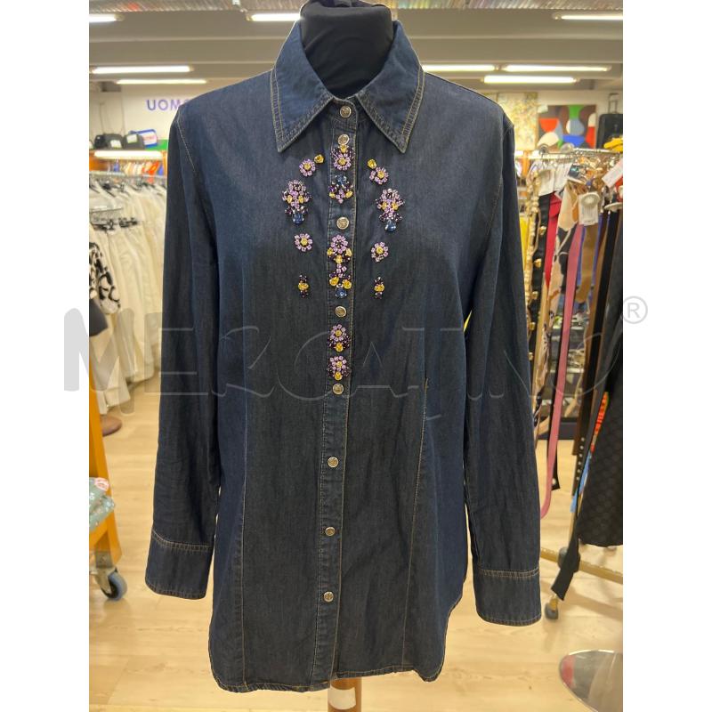 CAMICIA DONNA DI JEANS FIORELLA RUBINO BLU NOTTE CUCITURE SENAPE INSERTI STRASS VILA LILLA | Mercatino dell'Usato Teramo 1