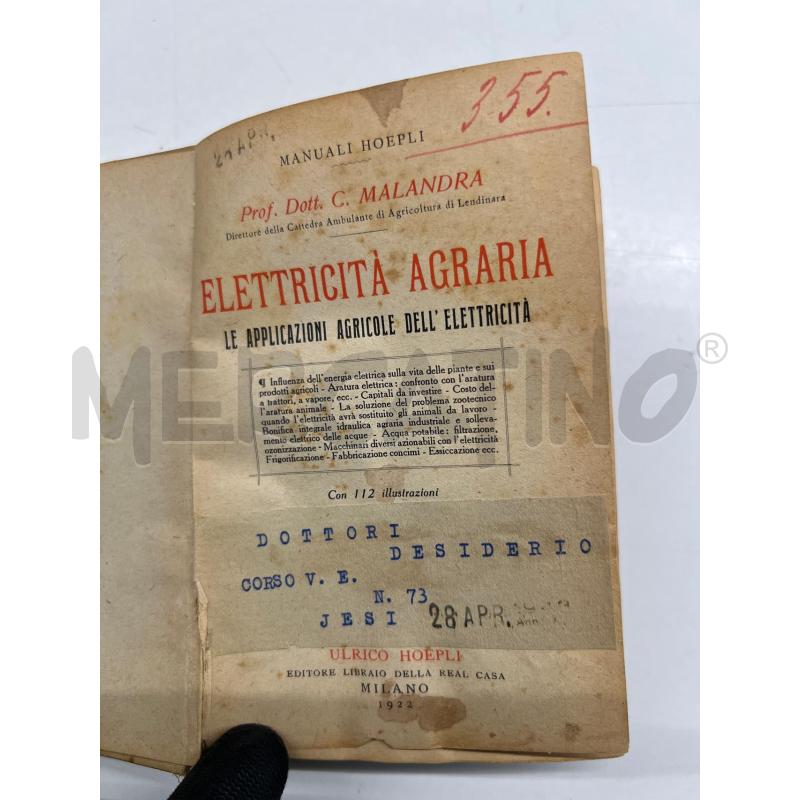 ELETTRICITA AGRARIA C. MALANDRA HOEPLI MILANO 1922 | Mercatino dell'Usato Teramo 3