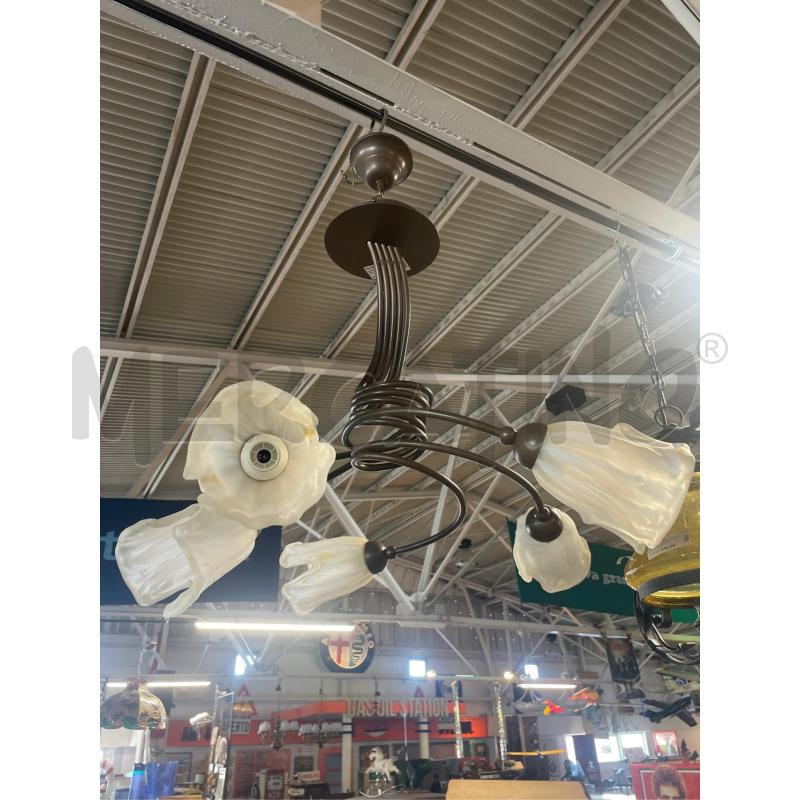 LAMPADARIO FERRO BATTUTO MARRONE 5 COPPE VETRO CALLE BIANCHE | Mercatino dell'Usato Teramo 1