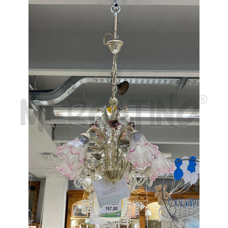 LAMPADARIO FERRO FLOREALE 5 LUCI VETRO T MURANO ROSA | Mercatino dell'Usato Teramo 1