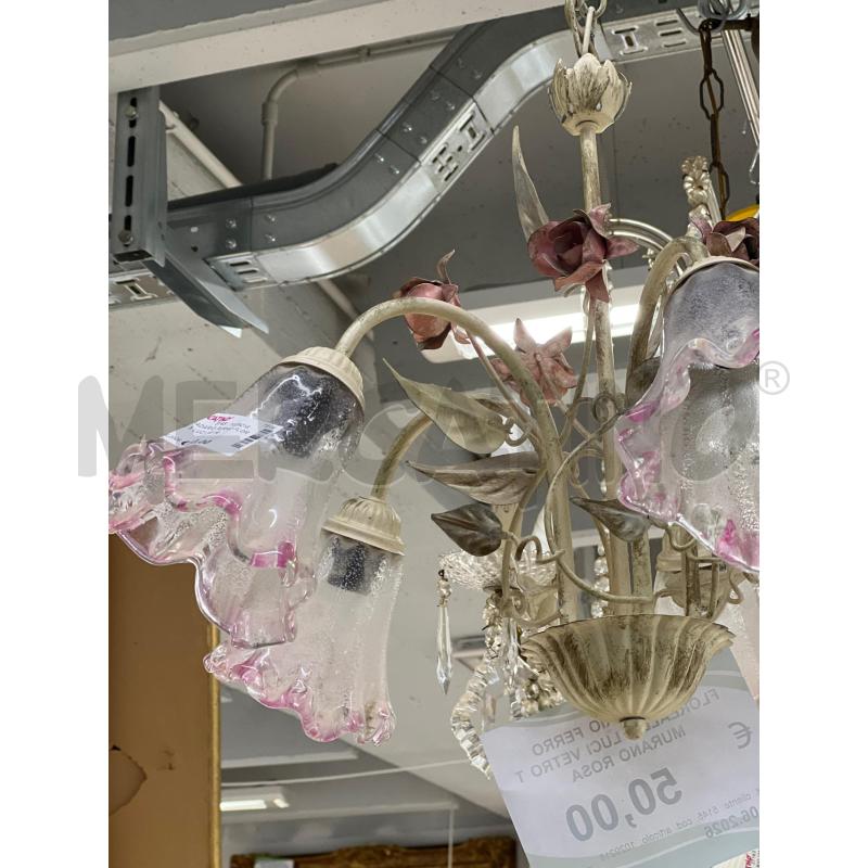 LAMPADARIO FERRO FLOREALE 5 LUCI VETRO T MURANO ROSA | Mercatino dell'Usato Teramo 2