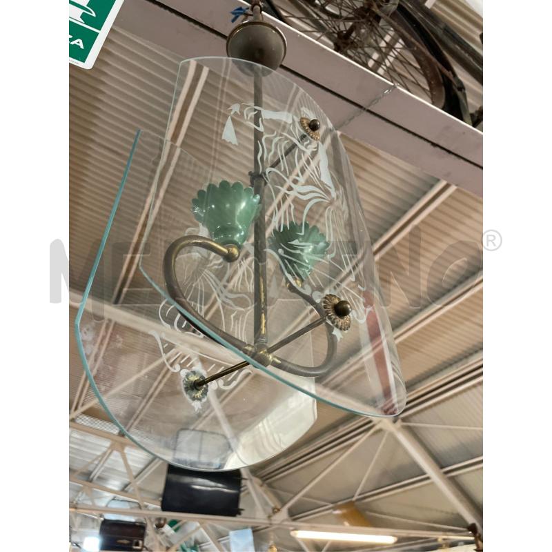 LAMPADARIO VINTAGE STILE FONTANA ARTE 2 LUCI FERRO VERDE E DORATO 2 VETRI SERIGRAFIA DAMA | Mercatino dell'Usato Teramo 2