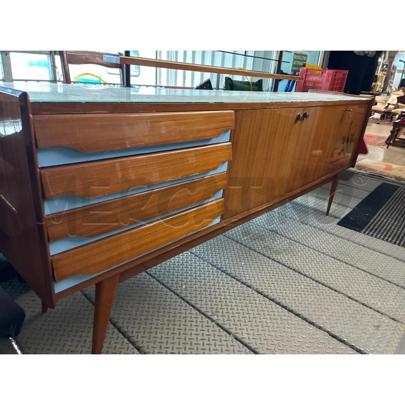 MOBILE BUFFET IN LEGNO CON PIANO IN VETRO AZZURRO ANNI 60 DESIGN ITALY - TARLI | Mercatino dell'Usato Teramo 3