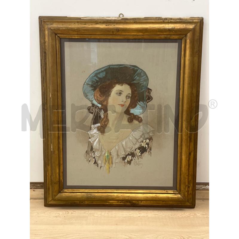 QUADRO ACQUERELLO DAMA FIRMA PIRRO BOTTARO 45X60 + CORNICE LEGNO DORATA | Mercatino dell'Usato Teramo 1