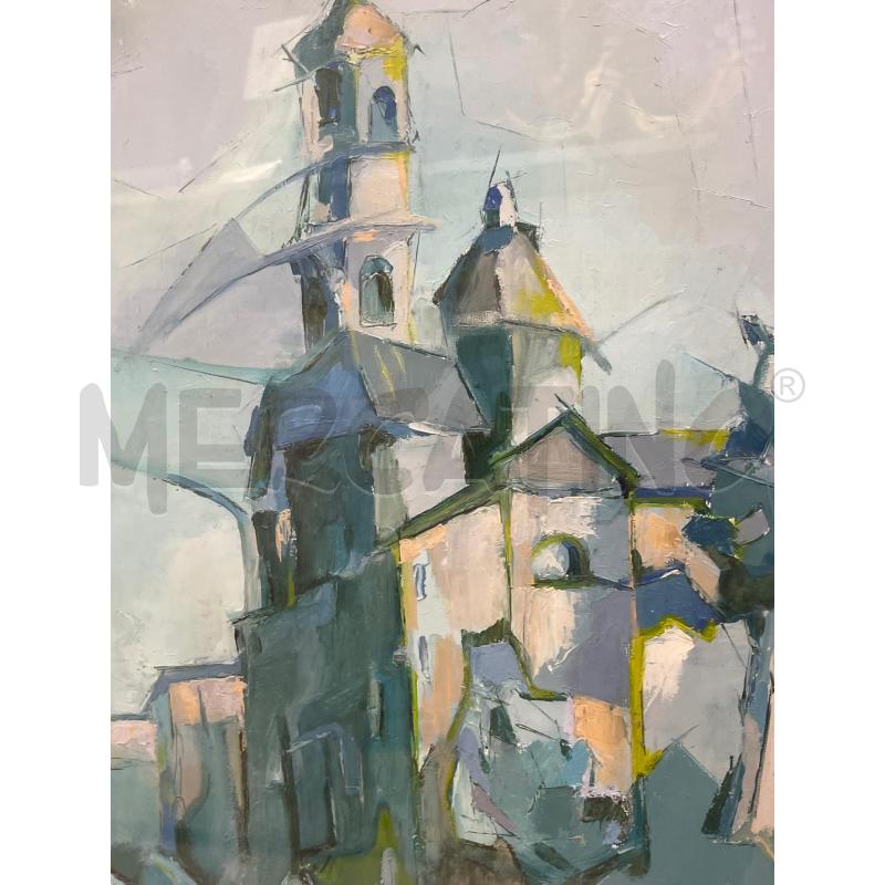 QUADRO A FIRMA LINO CELANT. CASTELLO RAFFIGURAZIONE CUBISTA TONI AZZURRI + CORNICE LEGNO ARG 97X88CM | Mercatino dell'Usato Teramo 2