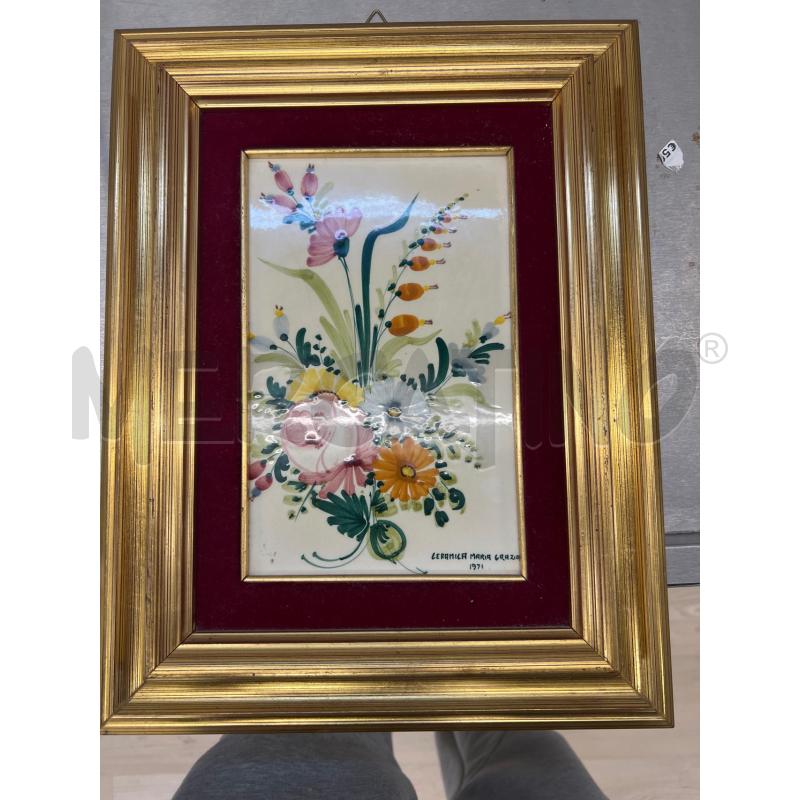 QUADRO CASTELLI CERAMICA FIORI + CORNICE LEGNO DORATA | Mercatino dell'Usato Teramo 1