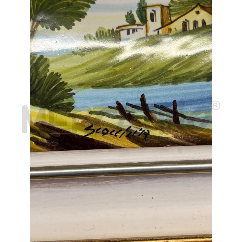 QUADRO CERAMICA CASTELLI PAESAGGIO A FIRMA SCOCCHIA + CORNCIE LEGNO DORATA 23X23 CM | Mercatino dell'Usato Teramo 2