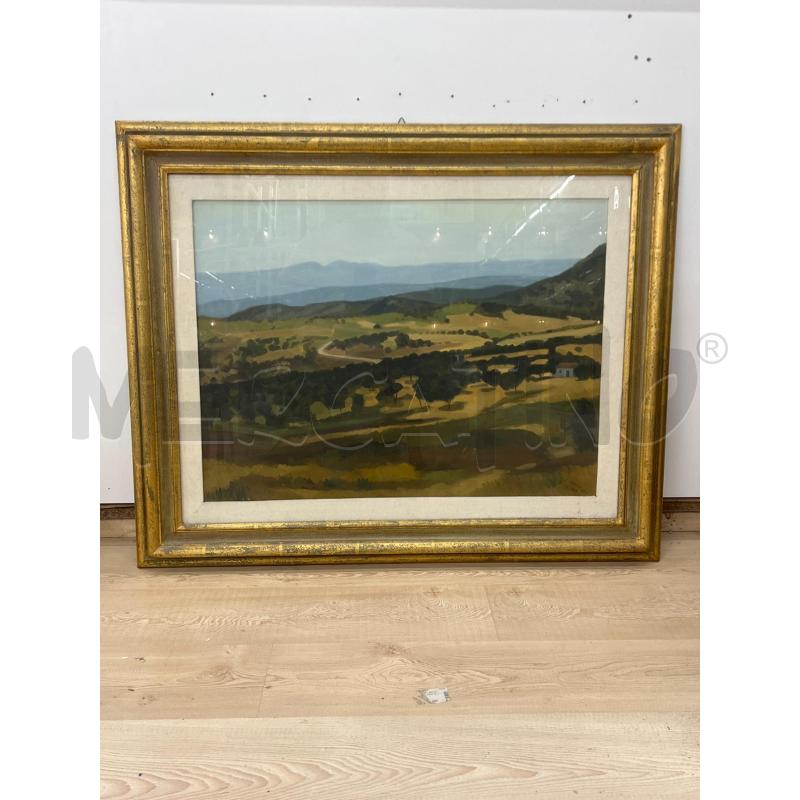 QUADRO ENRICO PIRAS OLIO SU TELA 1977 PAESAGGIO COLLINARE + CORNICE LEGNO DORATA | Mercatino dell'Usato Teramo 1