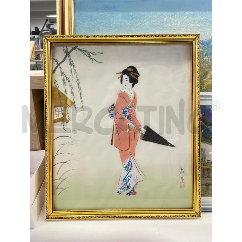 QUADRO GESHA GIAPPONESE VESTITO ROSA + CORNICE LEGNO DORATA 40X45 CM | Mercatino dell'Usato Teramo 1