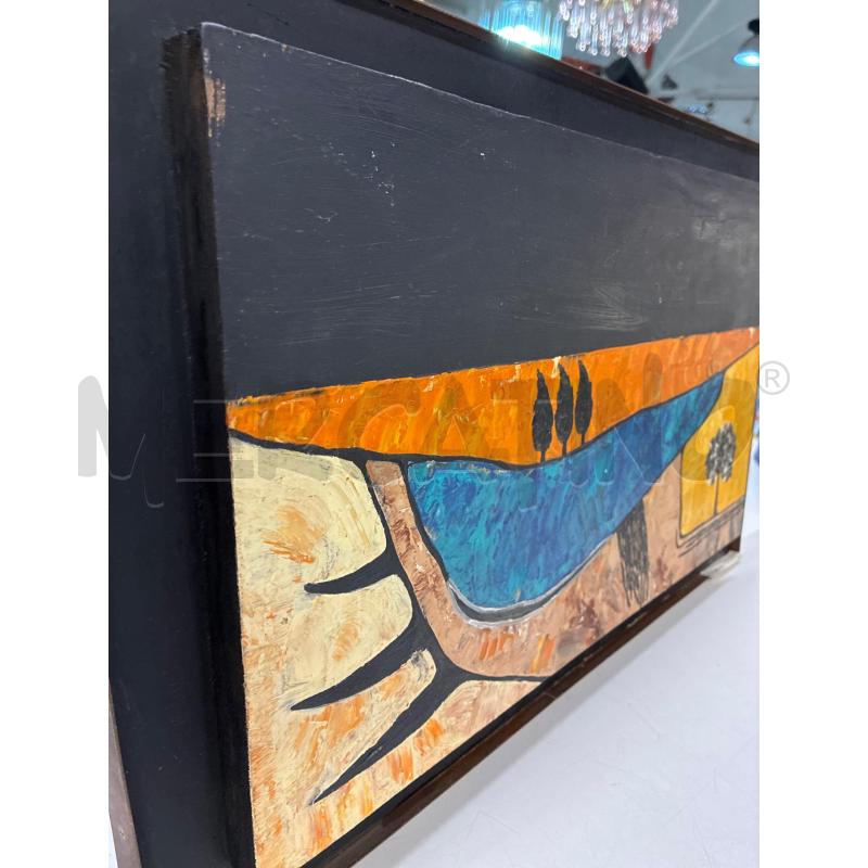 QUADRO GIORGIO MERCURI SENZA TITOLO TECNICA MISTA SU LEGNO BORDO RAME 52X32 | Mercatino dell'Usato Teramo 2